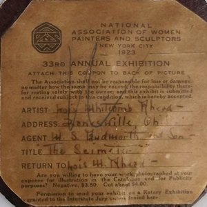 label for pate sur pate plaque exhibited by lois rhead in the 33rd national exhibition of women painters and sculptors, new york